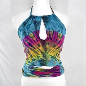 Tie Dye Festival Rave Halter Top Boho Hippie Wrap Cutout Y2K Psychedelic Rainbow